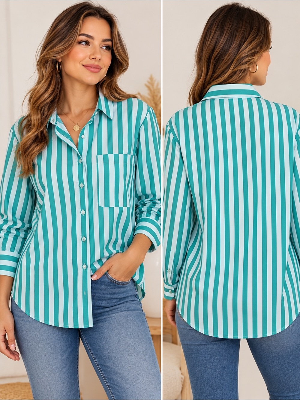 A New Day Women’s Striped Button Front Shirt Teal & White 100% Cotton Size S NWT